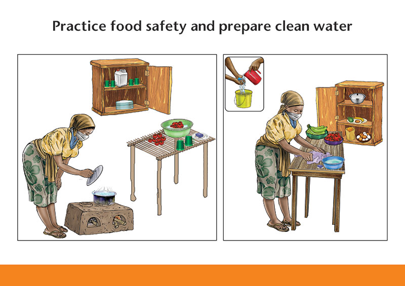 Illustration of Practice food safety and prepare clean water