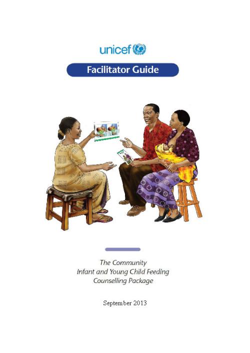 Illustration of a health worker showing illustrations of feeding practices to a couple, the mother is breastfeeding her infant.